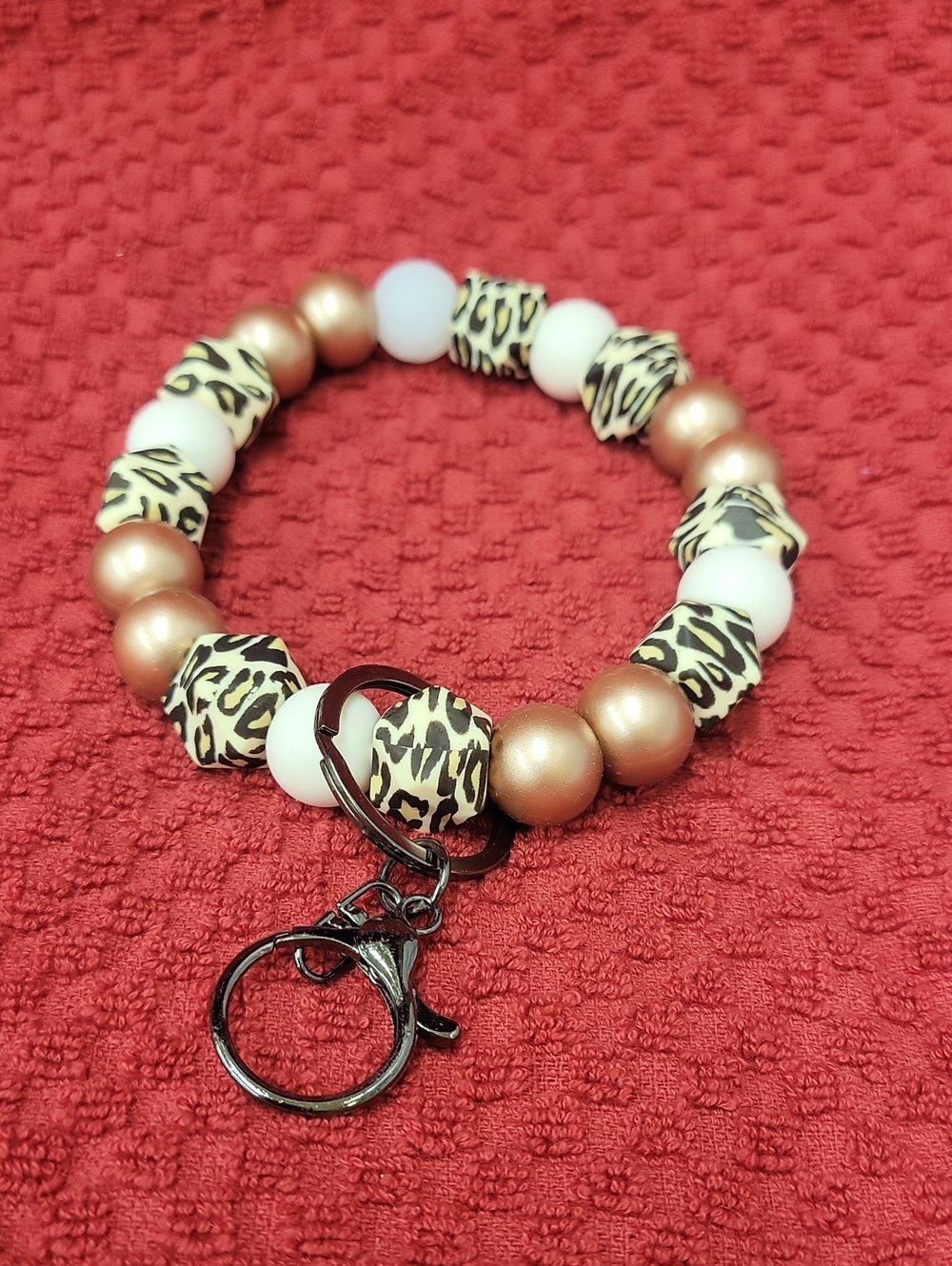 Beaded Leopard Print Stretch Bracelet Keychain - Gold, White